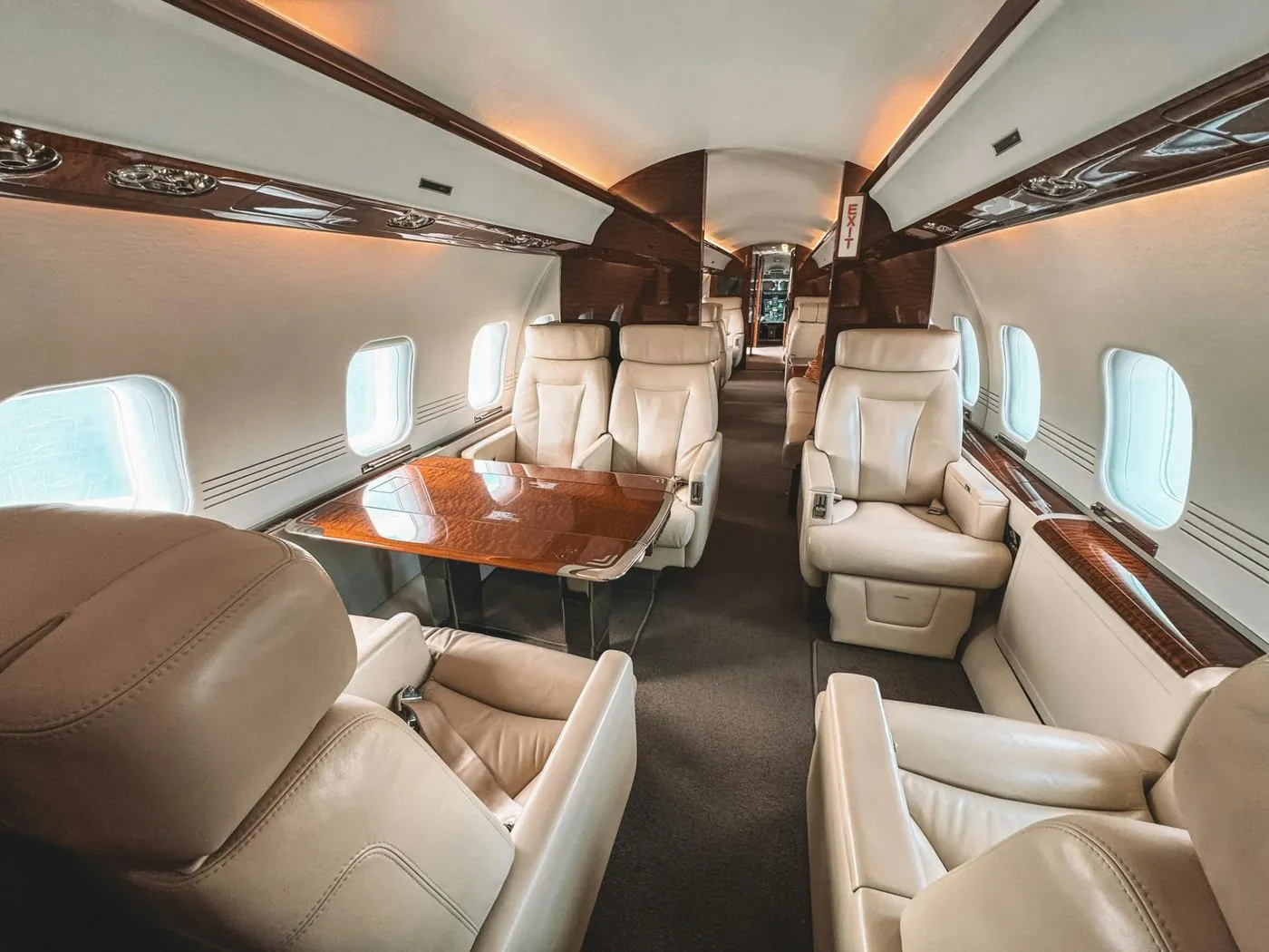 Private jet cabin interior — seating and wood accents